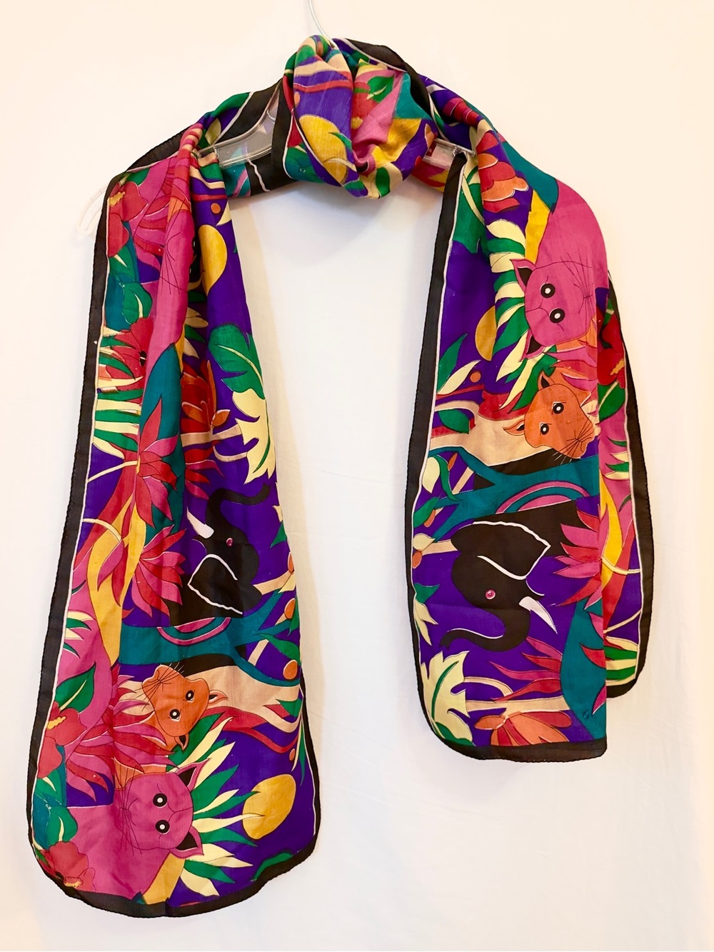 Silk Elephant Cat Scarf Handwoven India Jewel Tone 71”